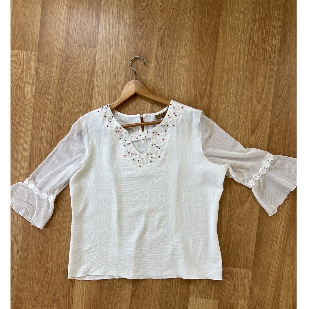 Gavin Women's Top Beaded Size Small Sheer Bell Sleeves Keyhole Boho Peasant